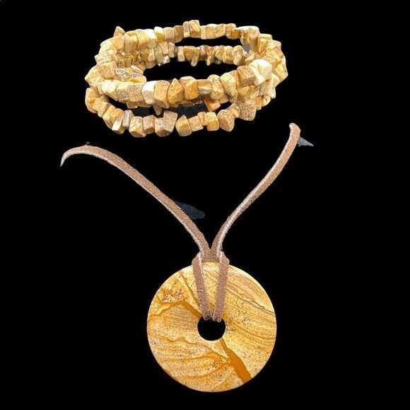 Jasper Disc necklace on leather cord and matching stretch wrap bracelet - Picture 2 of 11